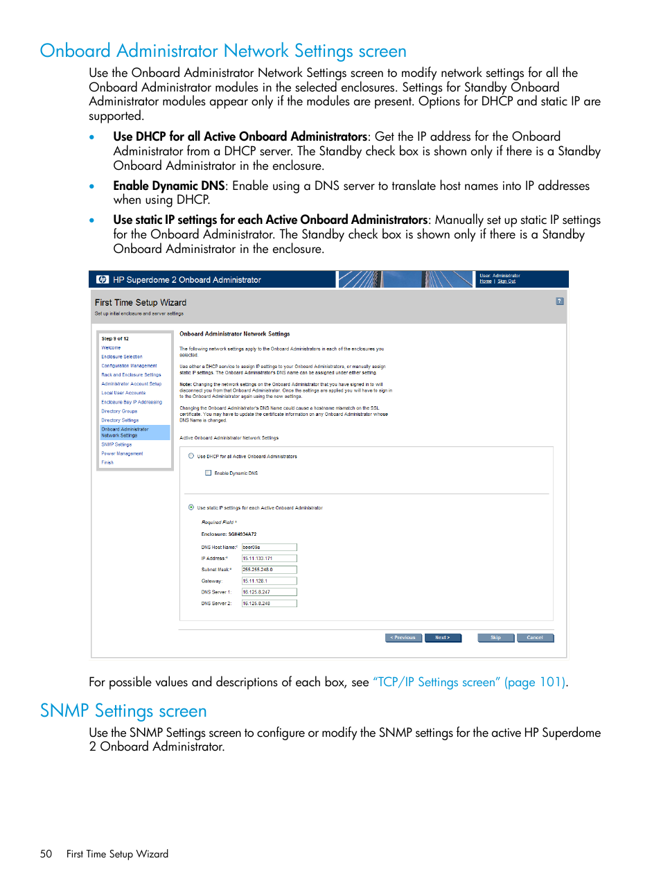 Onboard administrator network settings screen, Snmp settings screen | HP Integrity Superdome 2 Server User Manual | Page 50 / 197