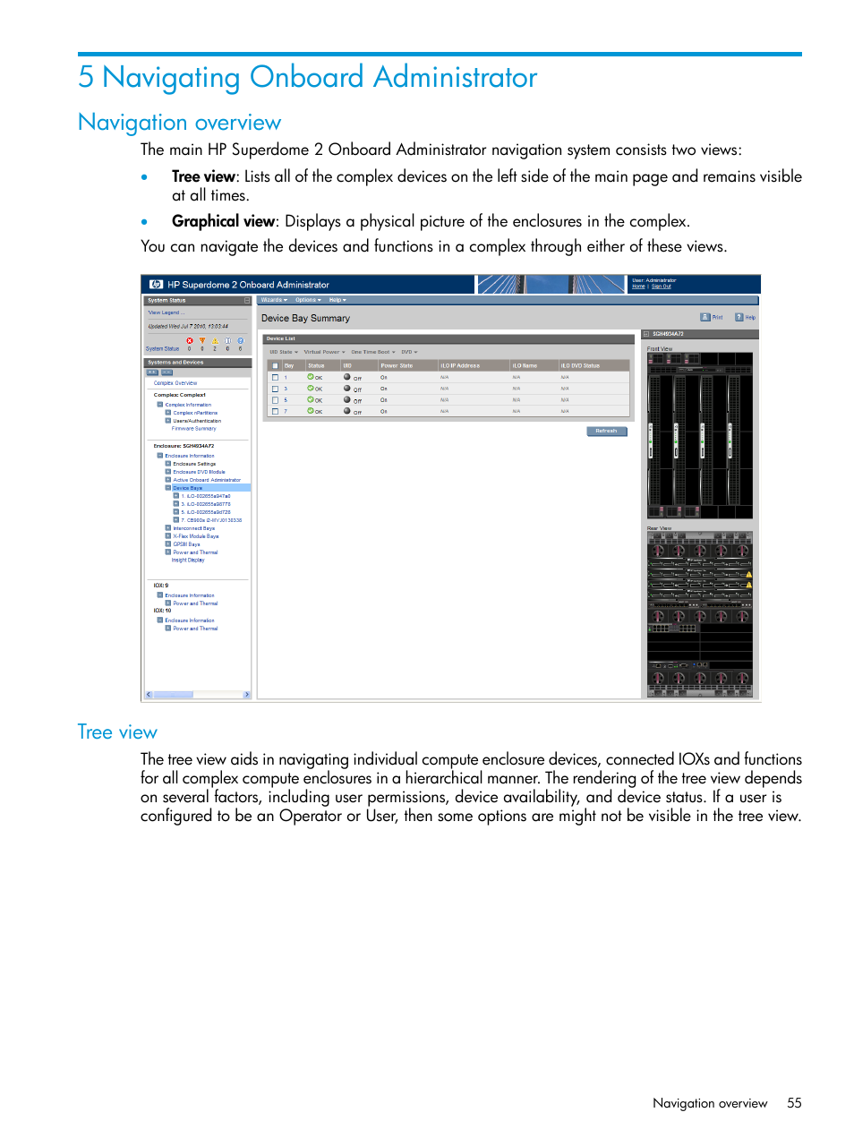 5 navigating onboard administrator, Navigation overview, Tree view | HP Integrity Superdome 2 Server User Manual | Page 55 / 197