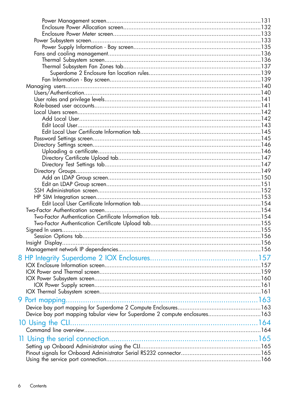 8 hp integrity superdome 2 iox enclosures, 9 port mapping, 10 using the cli | 11 using the serial connection | HP Integrity Superdome 2 Server User Manual | Page 6 / 197