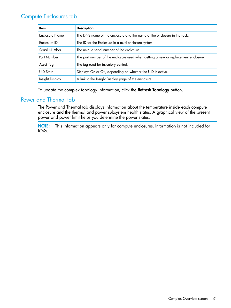 Compute enclosures tab, Power and thermal tab, Compute enclosures tab power and thermal tab | HP Integrity Superdome 2 Server User Manual | Page 61 / 197