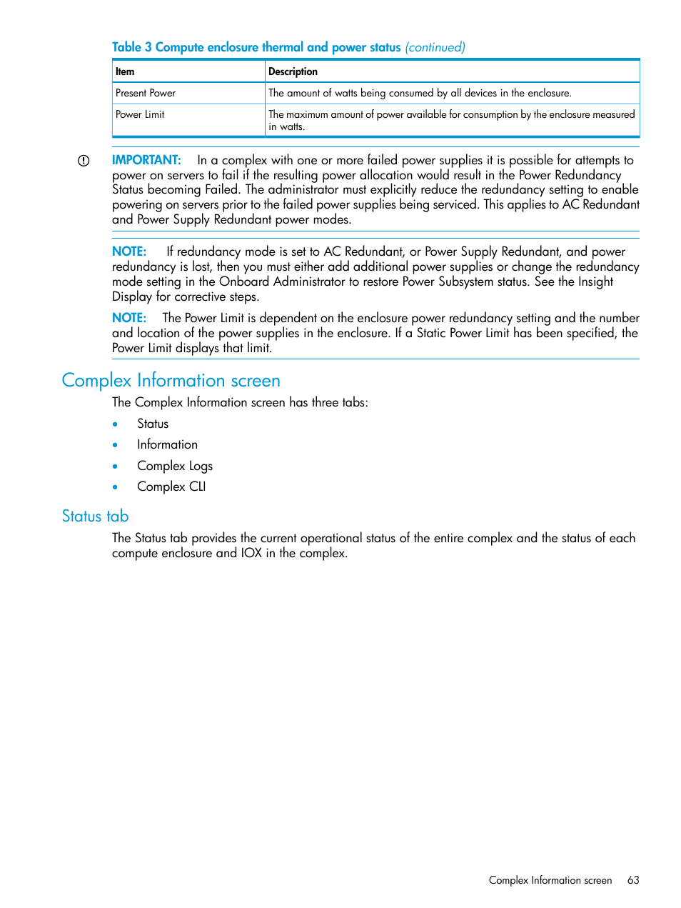 Complex information screen, Status tab | HP Integrity Superdome 2 Server User Manual | Page 63 / 197