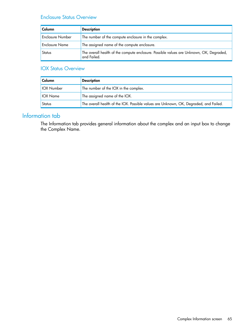 Information tab, Enclosure status overview, Iox status overview | HP Integrity Superdome 2 Server User Manual | Page 65 / 197