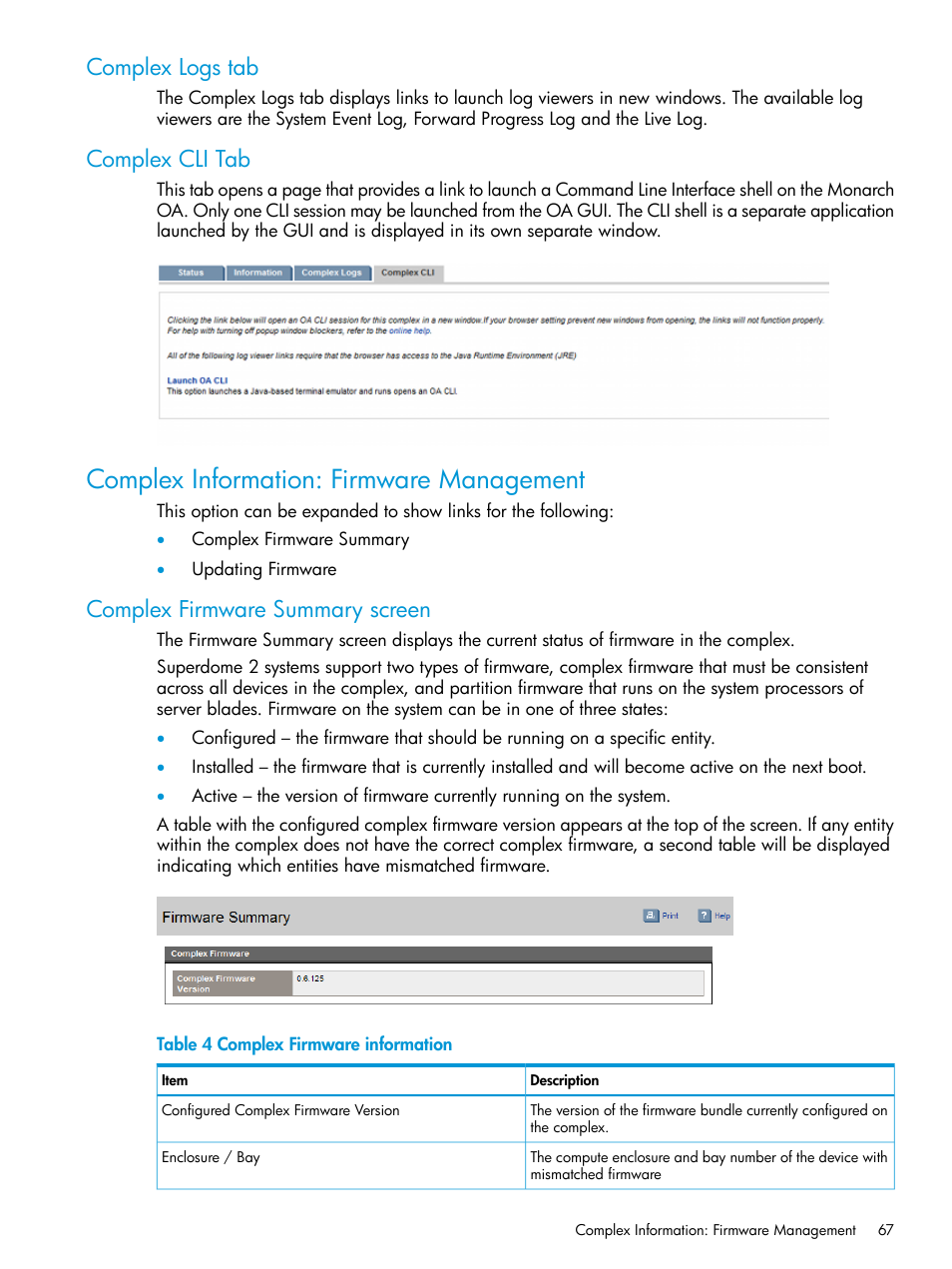 Complex logs tab, Complex cli tab, Complex information: firmware management | Complex firmware summary screen, Complex logs tab complex cli tab | HP Integrity Superdome 2 Server User Manual | Page 67 / 197