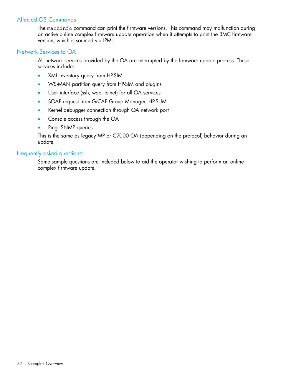 Affected os commands, Network services to oa, Frequently asked questions | HP Integrity Superdome 2 Server User Manual | Page 72 / 197