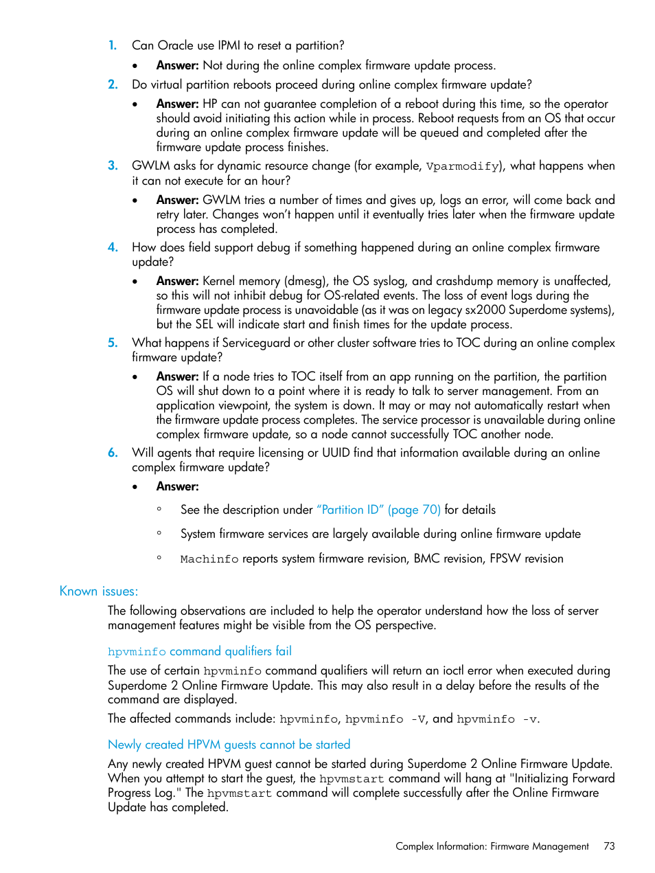 Known issues, Hpvminfo command qualifiers fail, Newly created hpvm guests cannot be started | HP Integrity Superdome 2 Server User Manual | Page 73 / 197