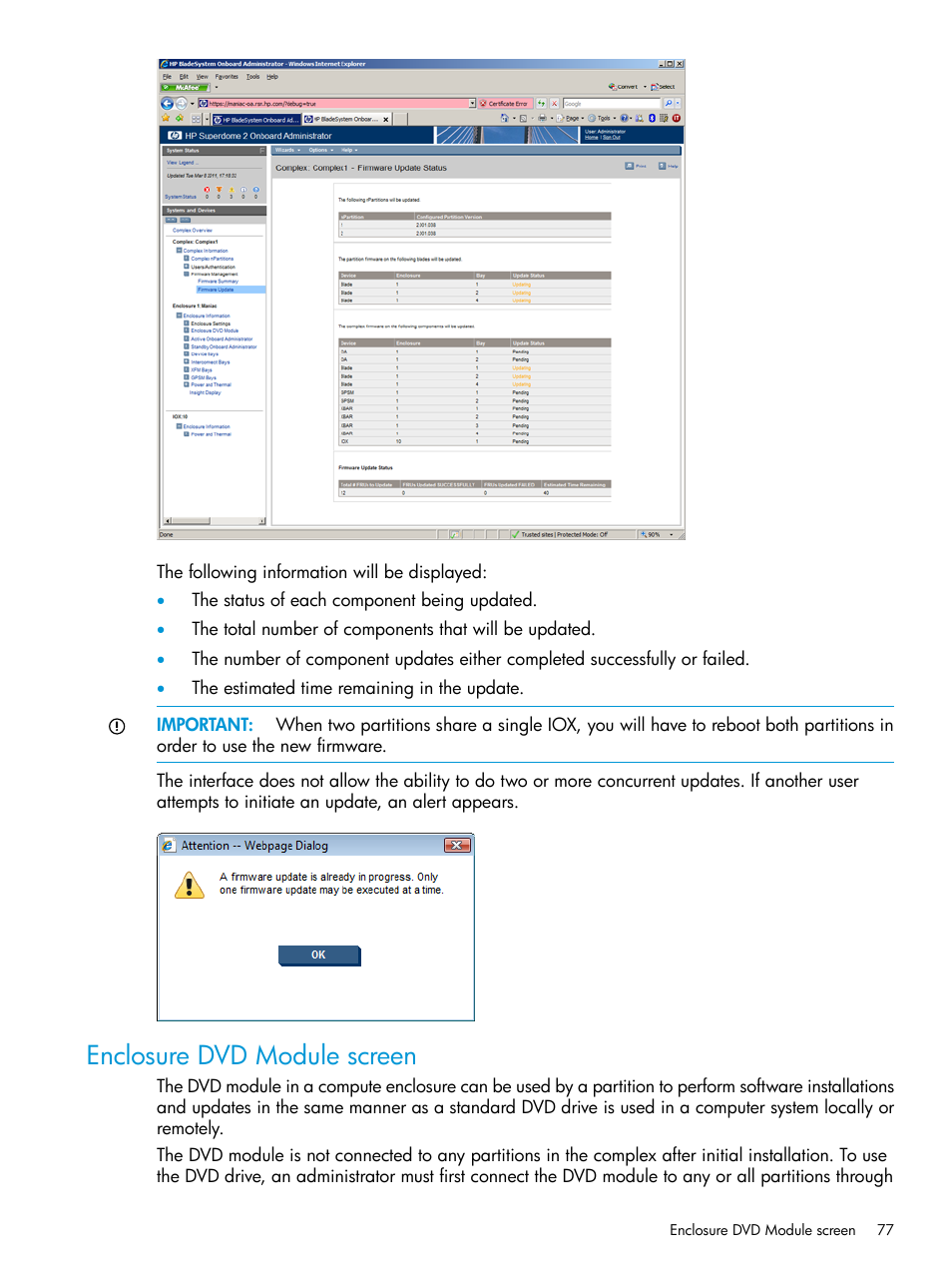 Enclosure dvd module screen | HP Integrity Superdome 2 Server User Manual | Page 77 / 197