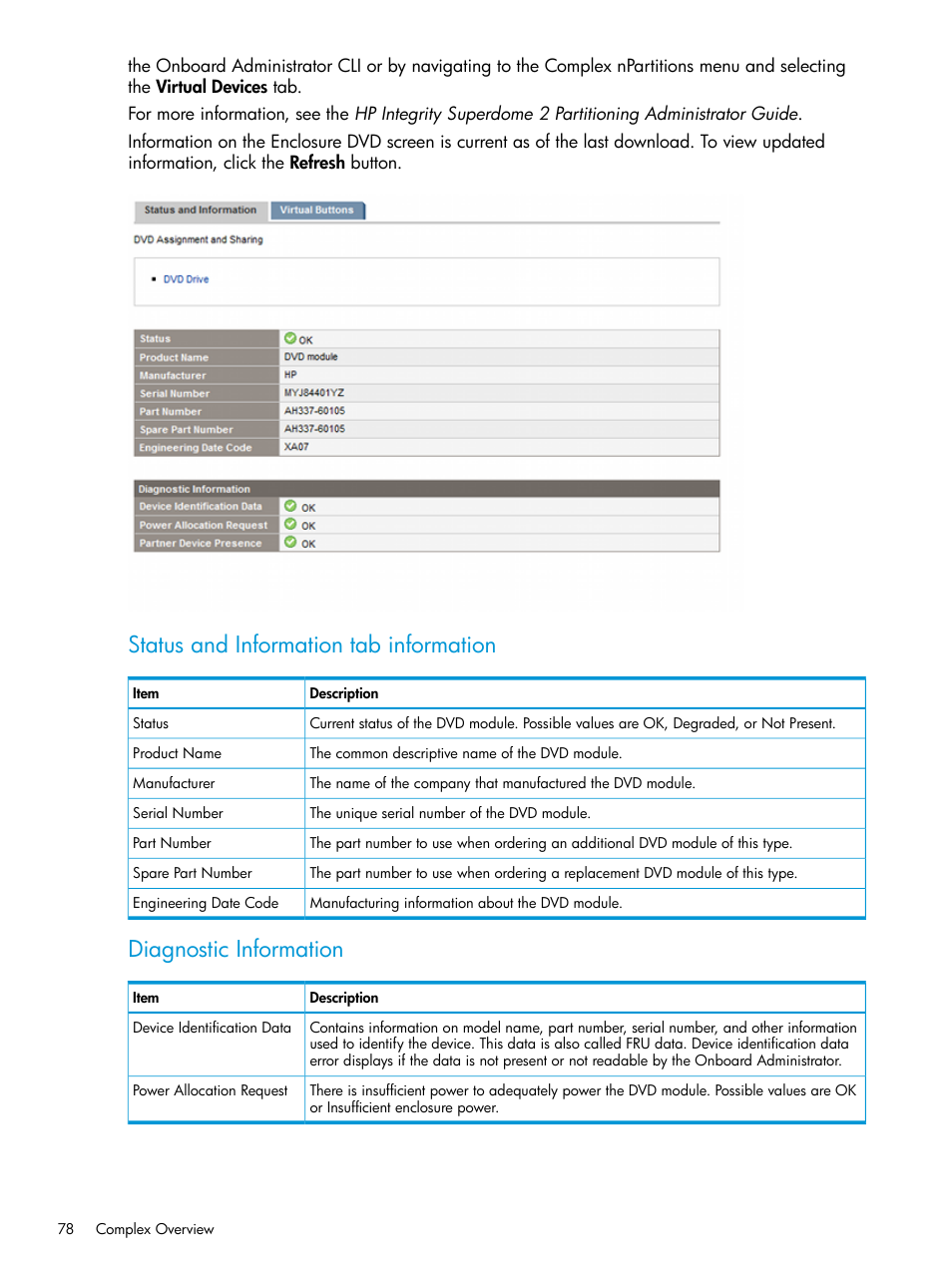 Status and information tab information, Diagnostic information | HP Integrity Superdome 2 Server User Manual | Page 78 / 197