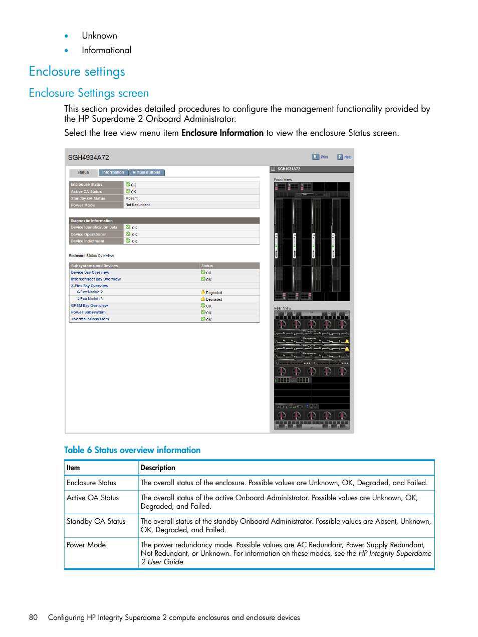 Enclosure settings, Enclosure settings screen | HP Integrity Superdome 2 Server User Manual | Page 80 / 197