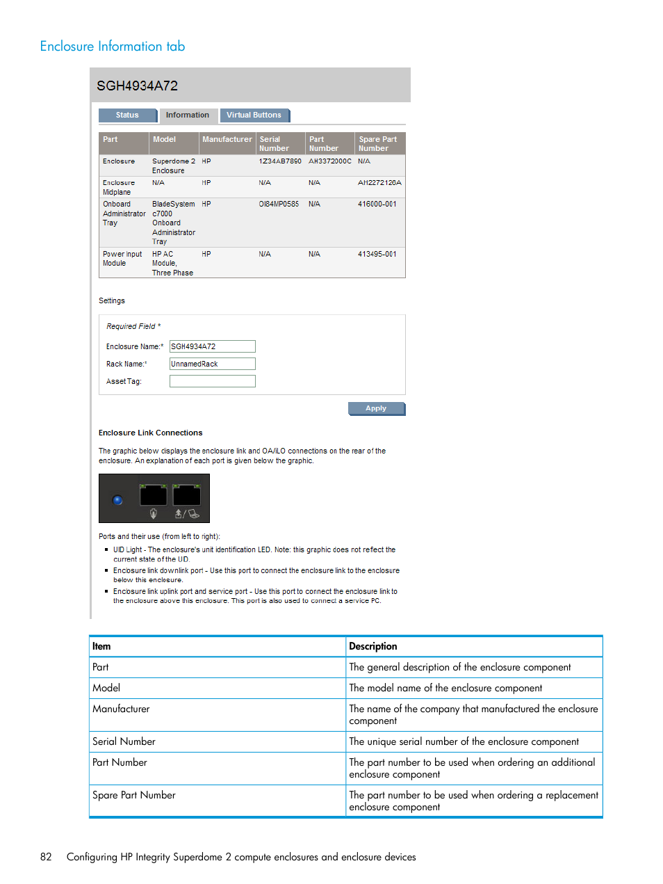 Enclosure information tab | HP Integrity Superdome 2 Server User Manual | Page 82 / 197