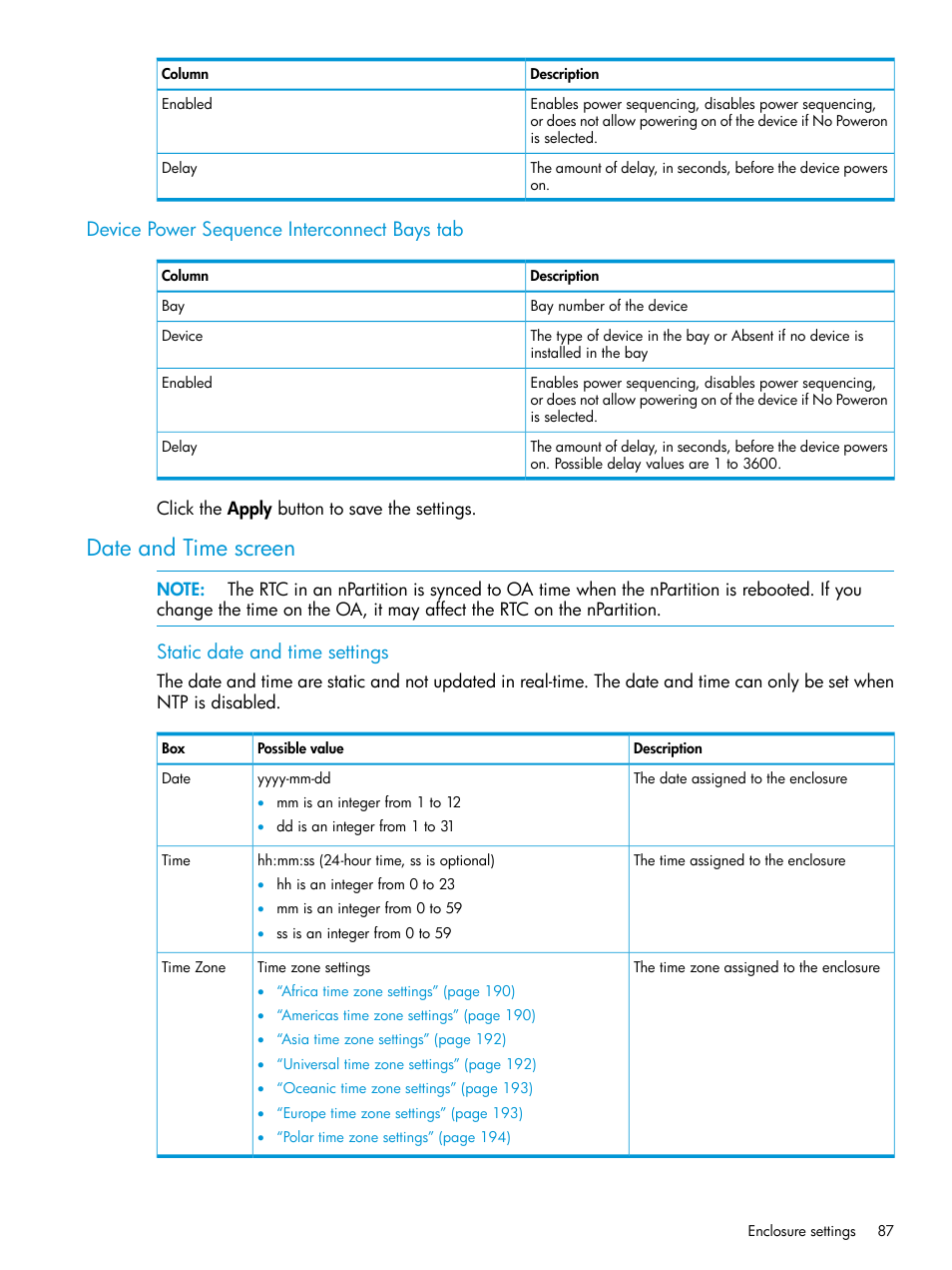 Device power sequence interconnect bays tab, Date and time screen, Static date and time settings | HP Integrity Superdome 2 Server User Manual | Page 87 / 197