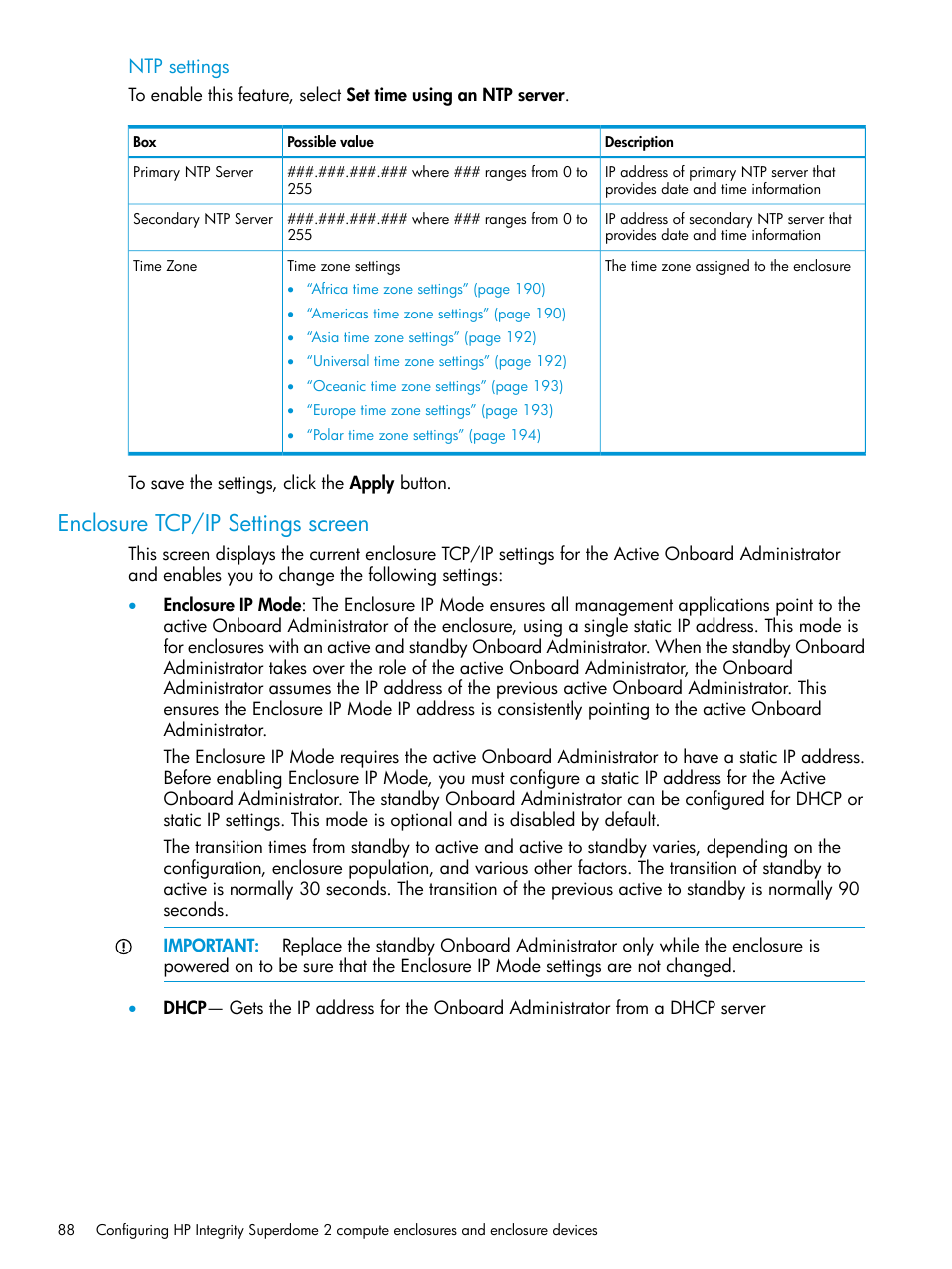 Enclosure tcp/ip settings screen | HP Integrity Superdome 2 Server User Manual | Page 88 / 197