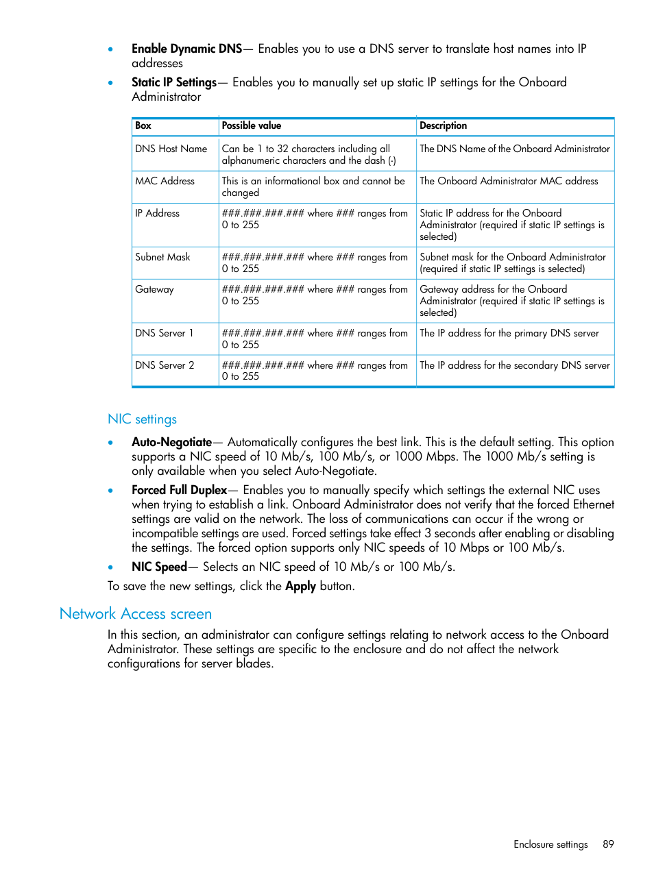 Network access screen, Nic settings | HP Integrity Superdome 2 Server User Manual | Page 89 / 197