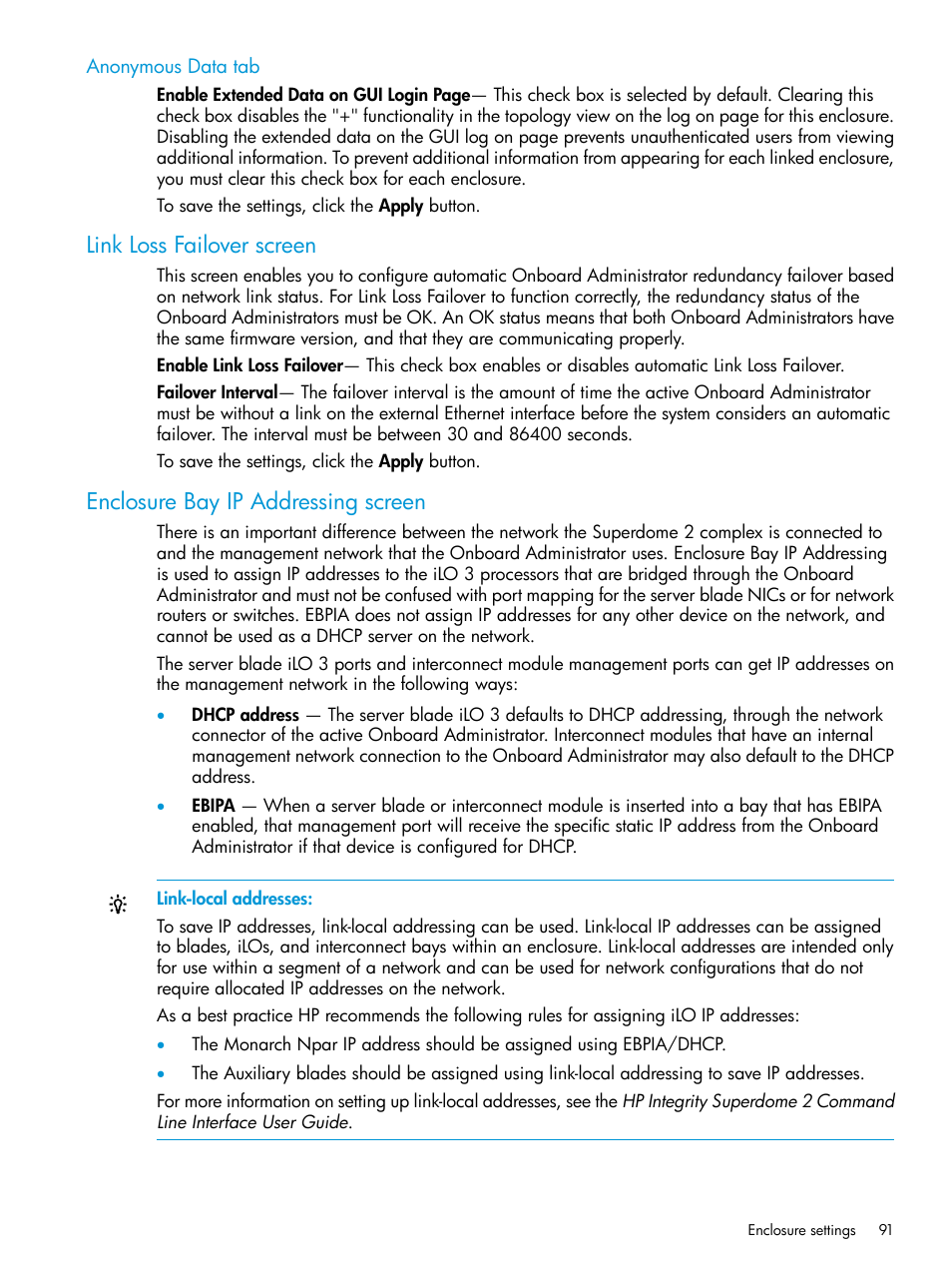 Anonymous data tab, Link loss failover screen, Enclosure bay ip addressing screen | HP Integrity Superdome 2 Server User Manual | Page 91 / 197