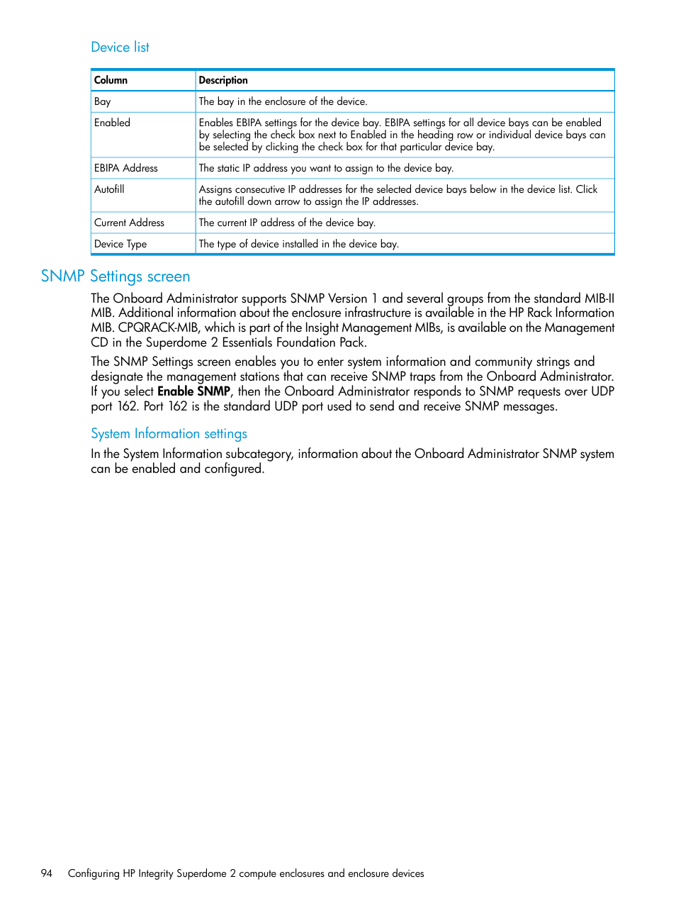 Snmp settings screen, Device list, System information settings | HP Integrity Superdome 2 Server User Manual | Page 94 / 197
