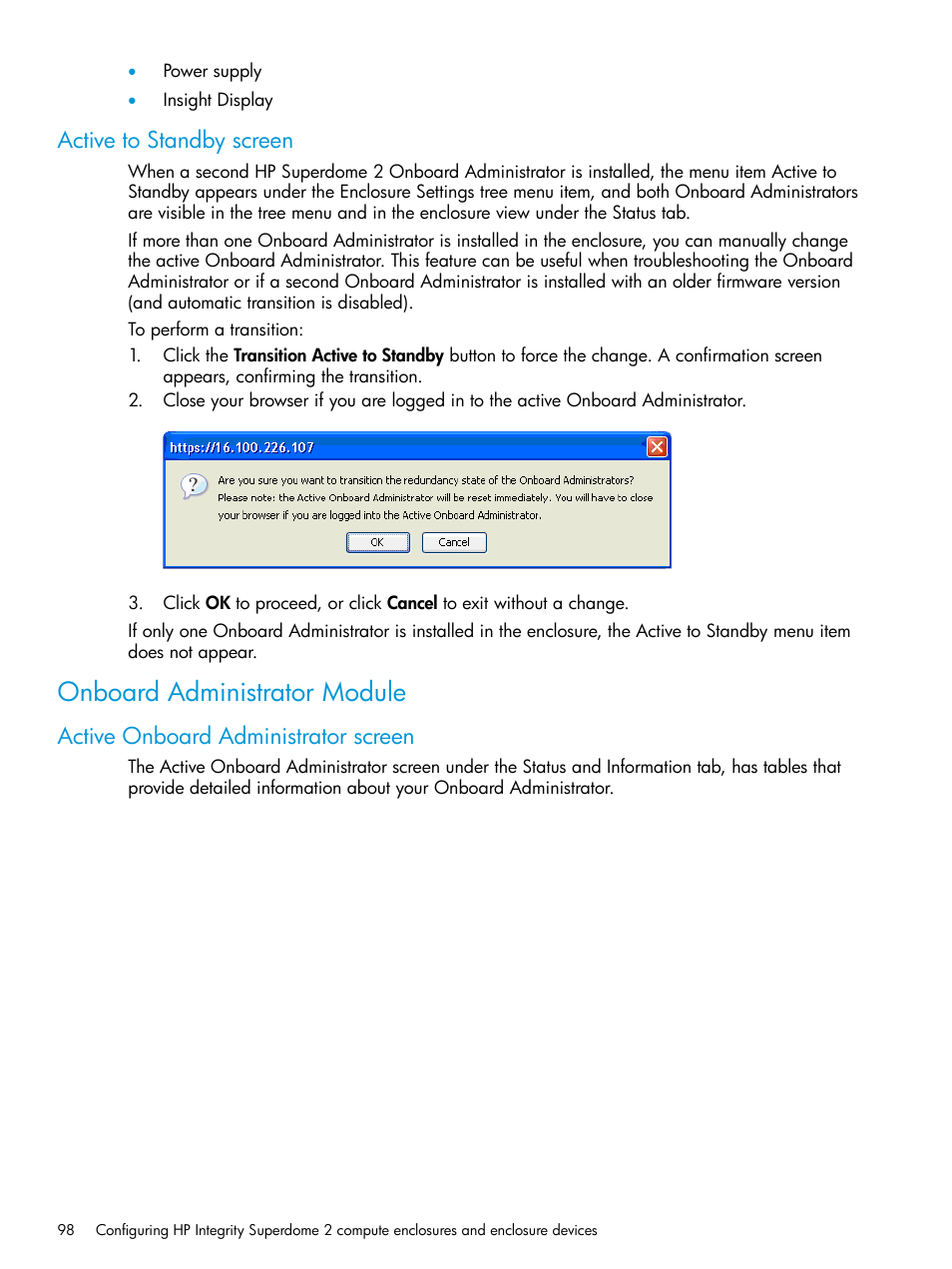 Active to standby screen, Onboard administrator module, Active onboard administrator screen | HP Integrity Superdome 2 Server User Manual | Page 98 / 197