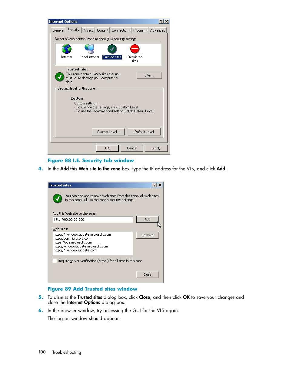 88 i.e. security tab window, 89 add trusted sites window | HP StorageWorks 1000i Virtual Library System User Manual | Page 100 / 122