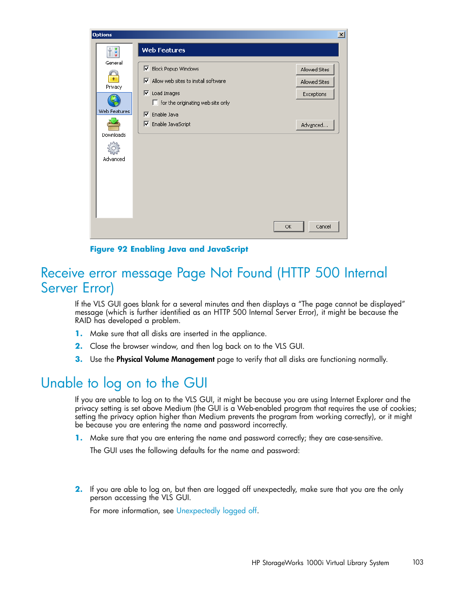 Unable to log on to the gui | HP StorageWorks 1000i Virtual Library System User Manual | Page 103 / 122