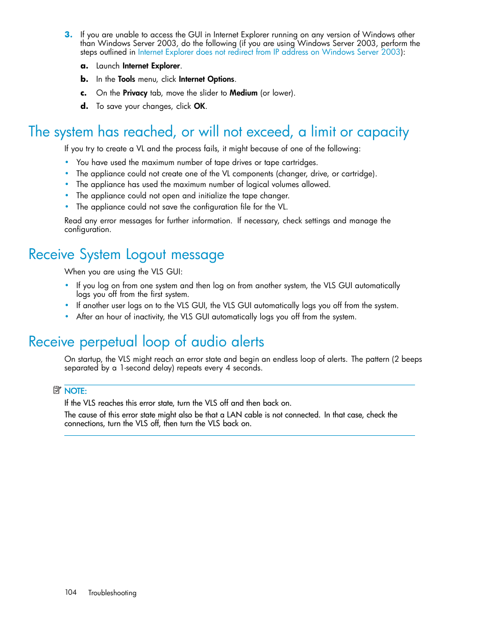 Receive system logout message, Receive perpetual loop of audio alerts | HP StorageWorks 1000i Virtual Library System User Manual | Page 104 / 122