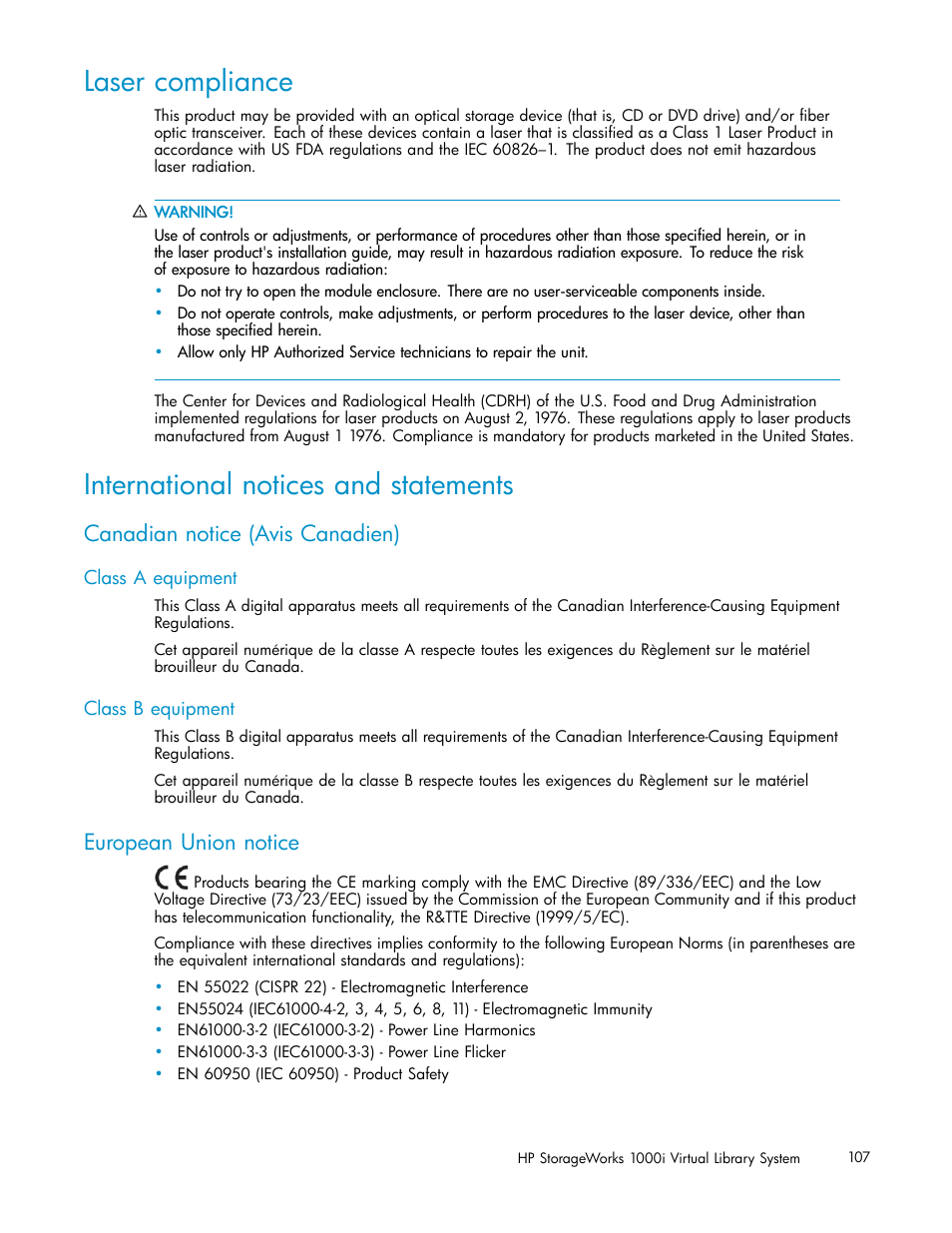 Laser compliance, International notices and statements, Canadian notice (avis canadien) | Class a equipment, Class b equipment, European union notice | HP StorageWorks 1000i Virtual Library System User Manual | Page 107 / 122