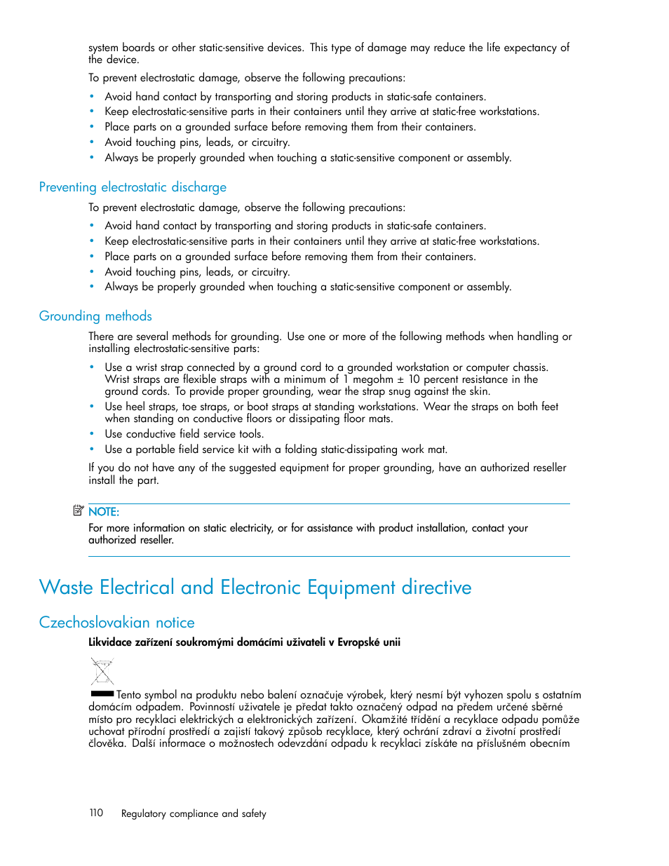 Preventing electrostatic discharge, Grounding methods, Czechoslovakian notice | HP StorageWorks 1000i Virtual Library System User Manual | Page 110 / 122