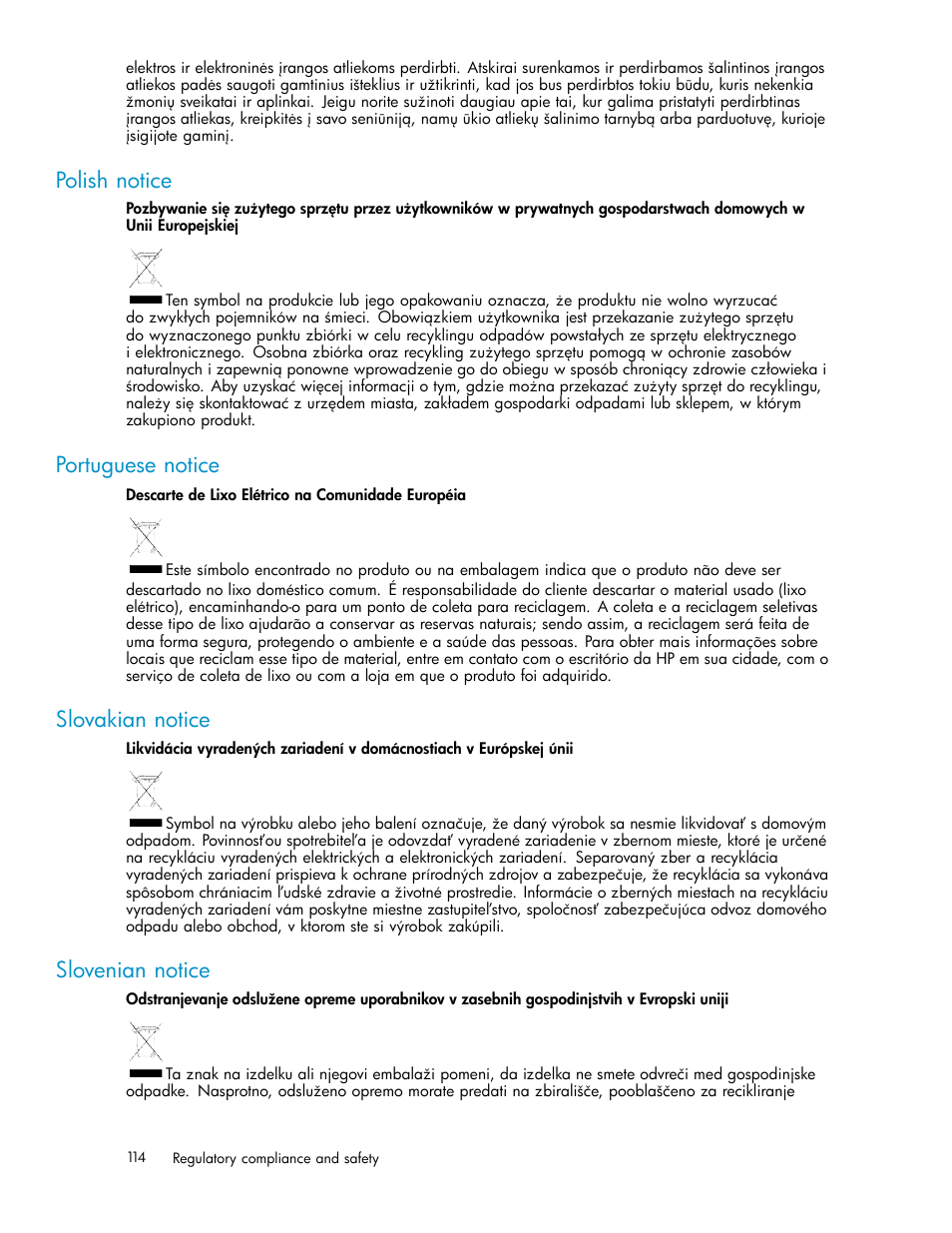 Polish notice, Portuguese notice, Slovakian notice | Slovenian notice | HP StorageWorks 1000i Virtual Library System User Manual | Page 114 / 122