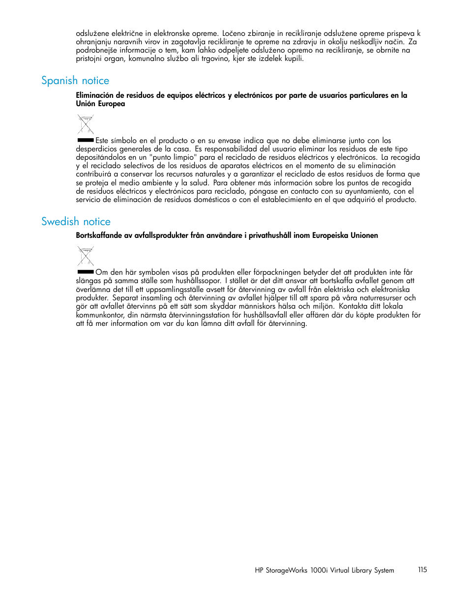 Spanish notice, Swedish notice | HP StorageWorks 1000i Virtual Library System User Manual | Page 115 / 122