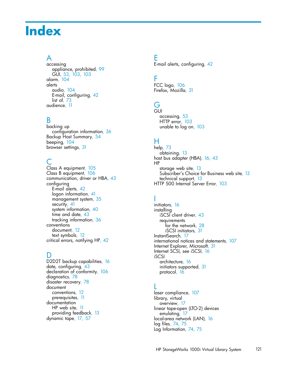 Index | HP StorageWorks 1000i Virtual Library System User Manual | Page 121 / 122