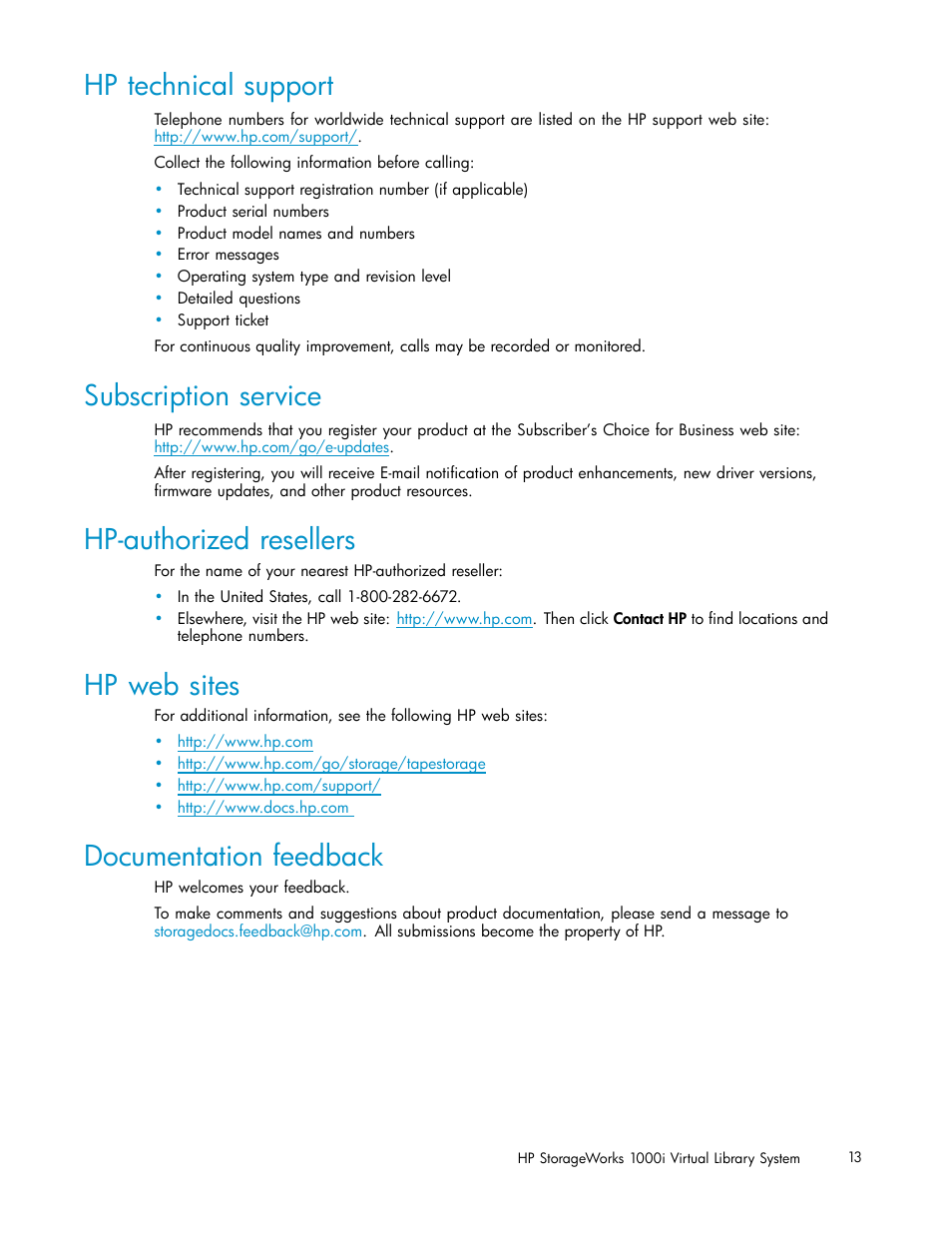 Hp technical support, Subscription service, Hp-authorized resellers | Hp web sites, Documentation feedback | HP StorageWorks 1000i Virtual Library System User Manual | Page 13 / 122