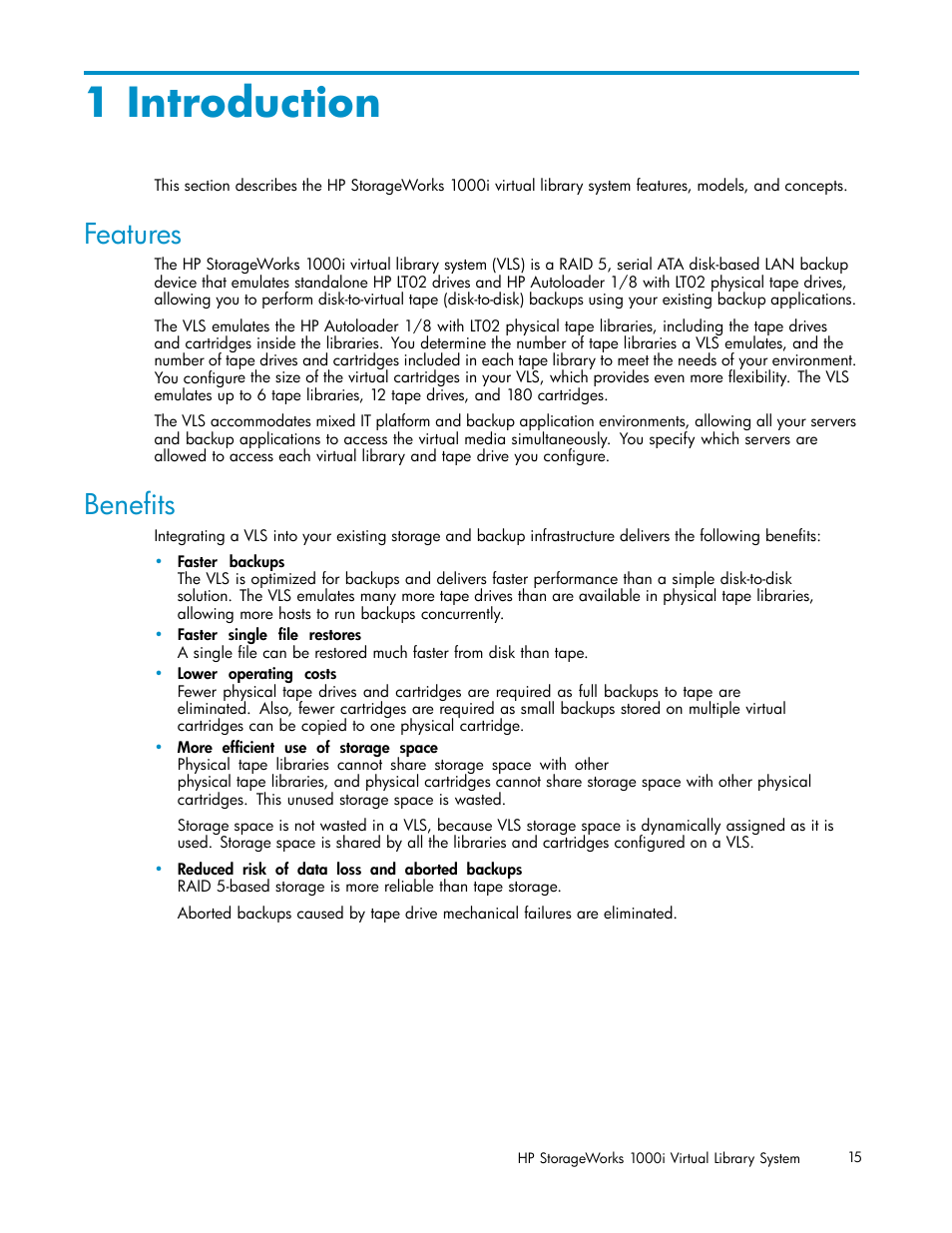 1 introduction, Features, Beneﬁts | HP StorageWorks 1000i Virtual Library System User Manual | Page 15 / 122