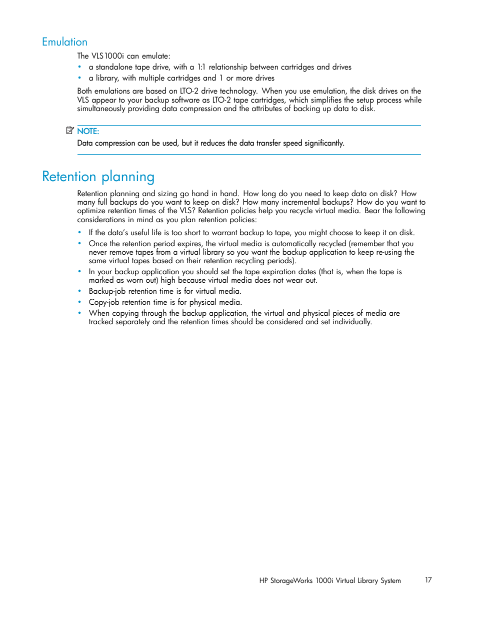 Retention planning, Emulation | HP StorageWorks 1000i Virtual Library System User Manual | Page 17 / 122