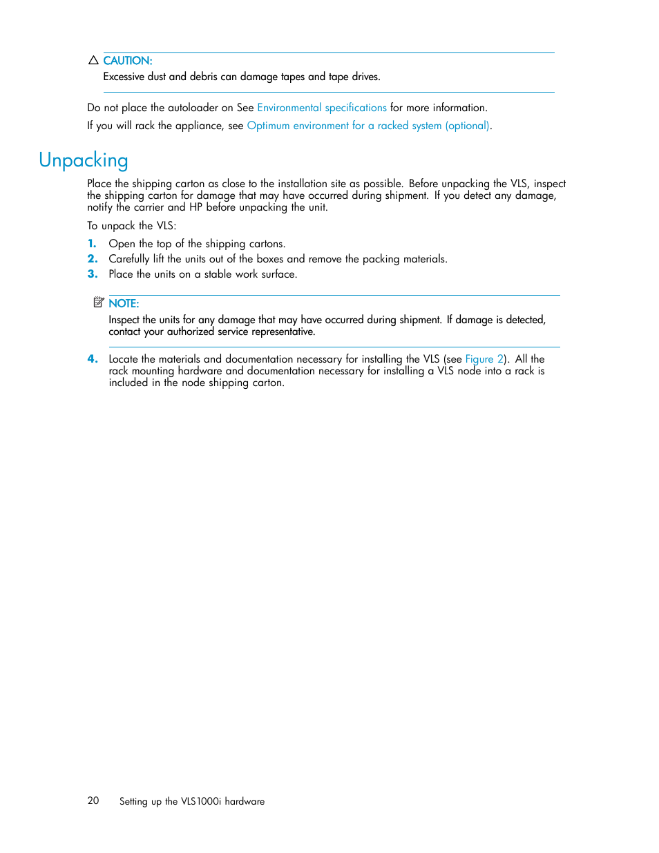 Unpacking | HP StorageWorks 1000i Virtual Library System User Manual | Page 20 / 122
