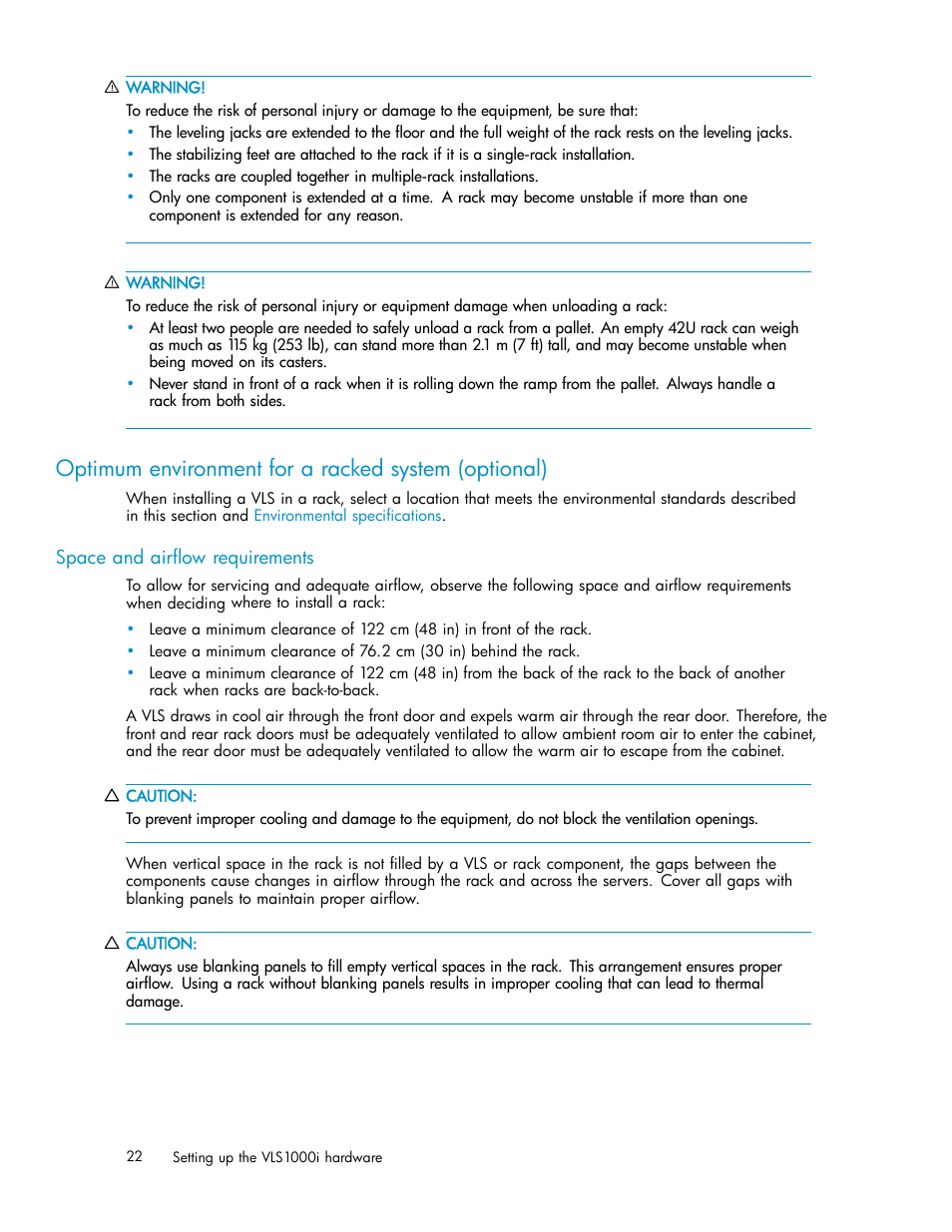 Optimum environment for a racked system (optional), Space and airﬂow requirements | HP StorageWorks 1000i Virtual Library System User Manual | Page 22 / 122