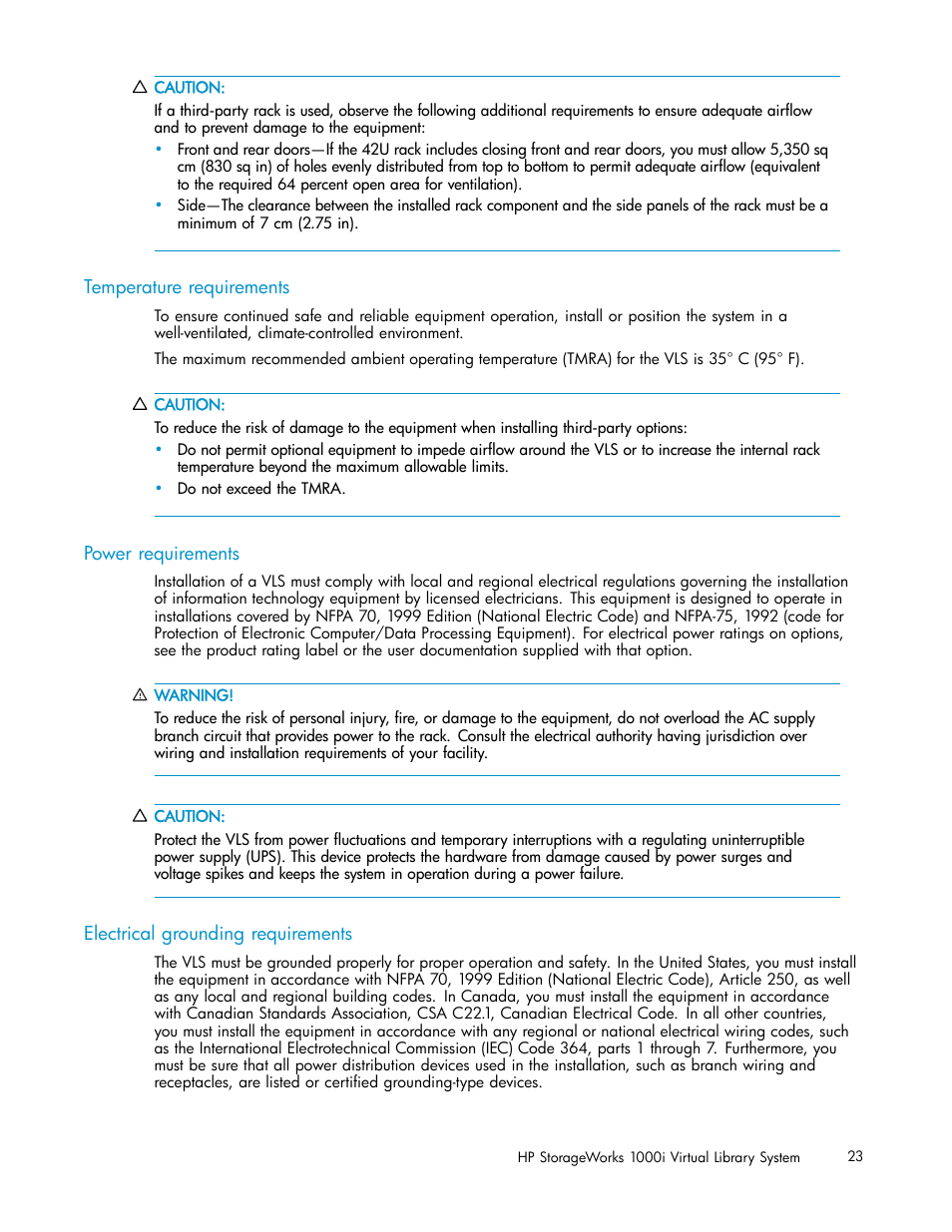 Temperature requirements, Power requirements, Electrical grounding requirements | HP StorageWorks 1000i Virtual Library System User Manual | Page 23 / 122