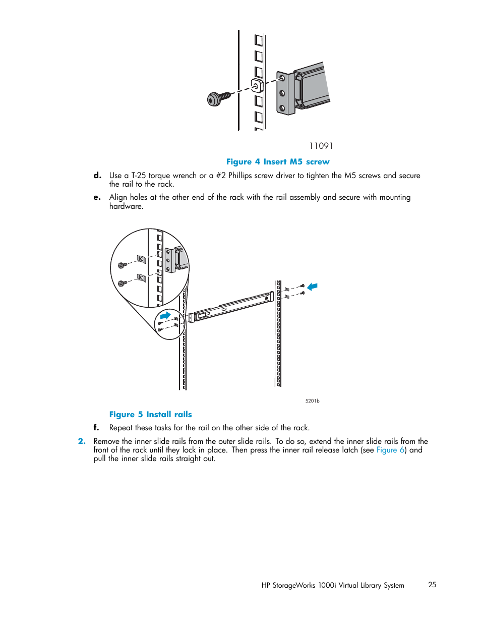Insert m5 screw, Install rails, Figure 4 | HP StorageWorks 1000i Virtual Library System User Manual | Page 25 / 122