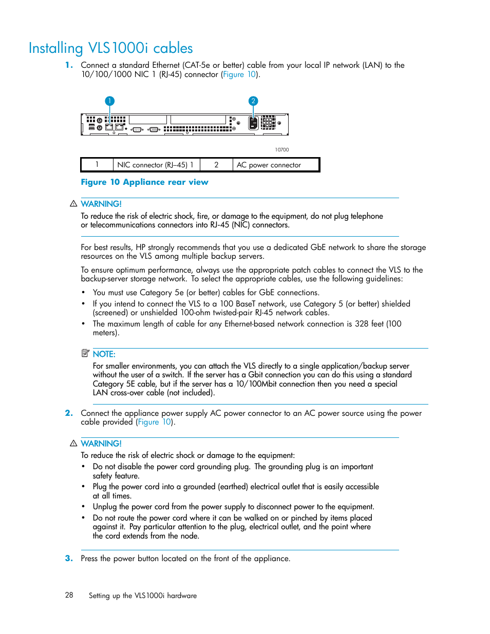 Installing vls1000i cables, Appliance rear view, Installing cables | HP StorageWorks 1000i Virtual Library System User Manual | Page 28 / 122