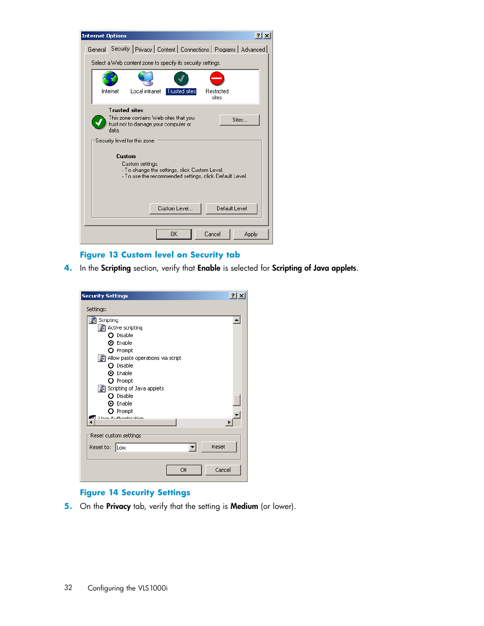 Custom level on security tab, Security settings | HP StorageWorks 1000i Virtual Library System User Manual | Page 32 / 122