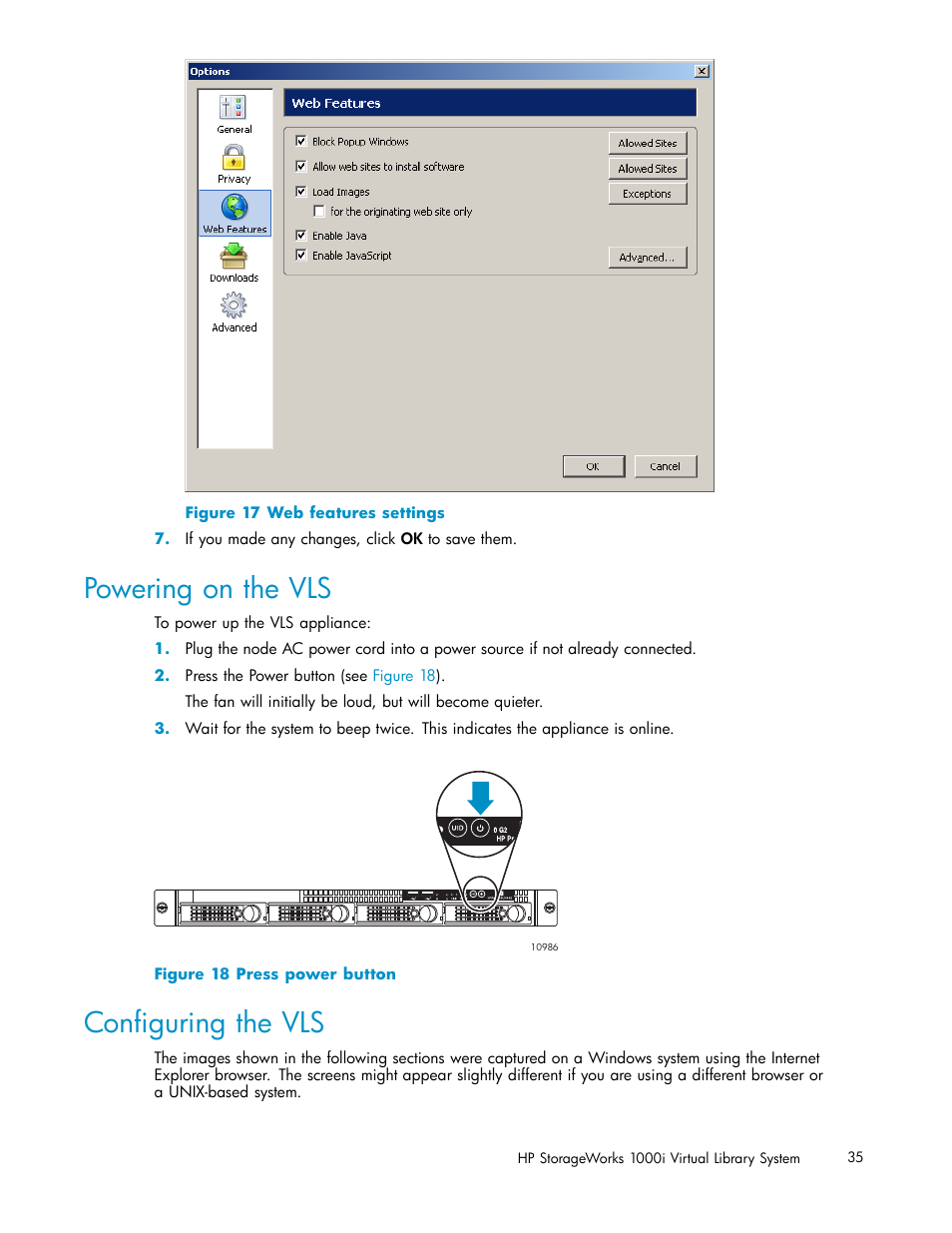 Powering on the vls, Conﬁguring the vls, Web features settings | Press power button, Powering | HP StorageWorks 1000i Virtual Library System User Manual | Page 35 / 122