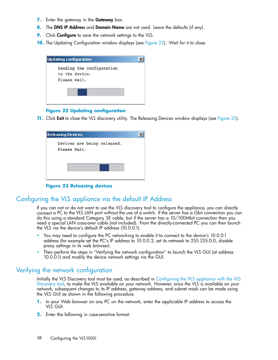 Verifying the network conﬁguration, Updating conﬁguration, Releasing devices | HP StorageWorks 1000i Virtual Library System User Manual | Page 38 / 122
