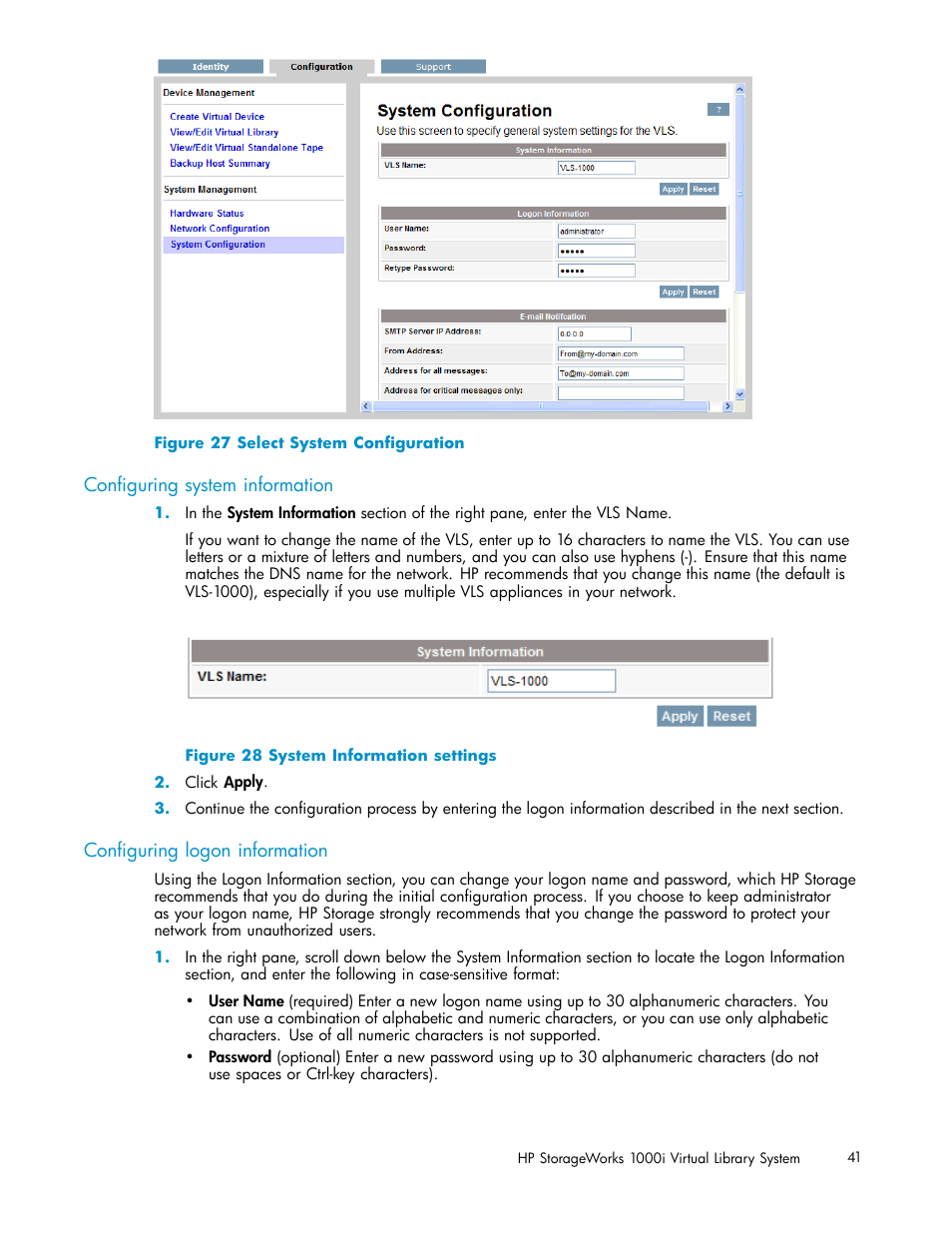 Conﬁguring system information, Conﬁguring logon information, Select system conﬁguration | System information settings | HP StorageWorks 1000i Virtual Library System User Manual | Page 41 / 122