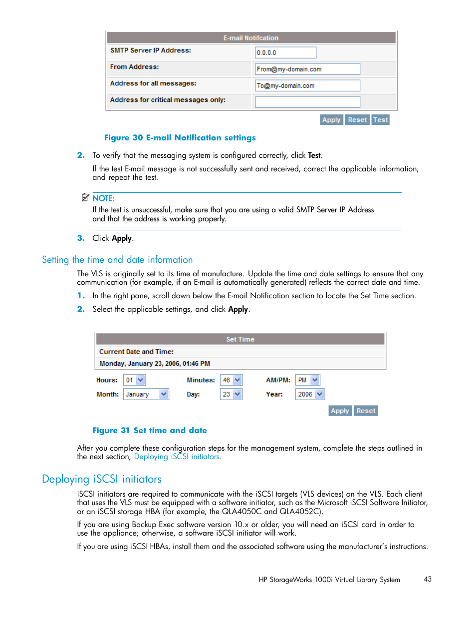 Setting the time and date information, Deploying iscsi initiators, E-mail notiﬁcation settings | Set time and date | HP StorageWorks 1000i Virtual Library System User Manual | Page 43 / 122