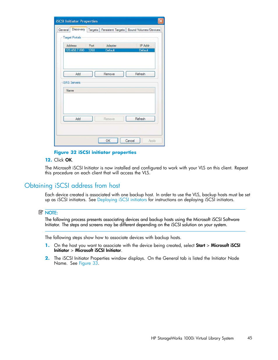 Obtaining iscsi address from host, Iscsi initiator properties | HP StorageWorks 1000i Virtual Library System User Manual | Page 45 / 122