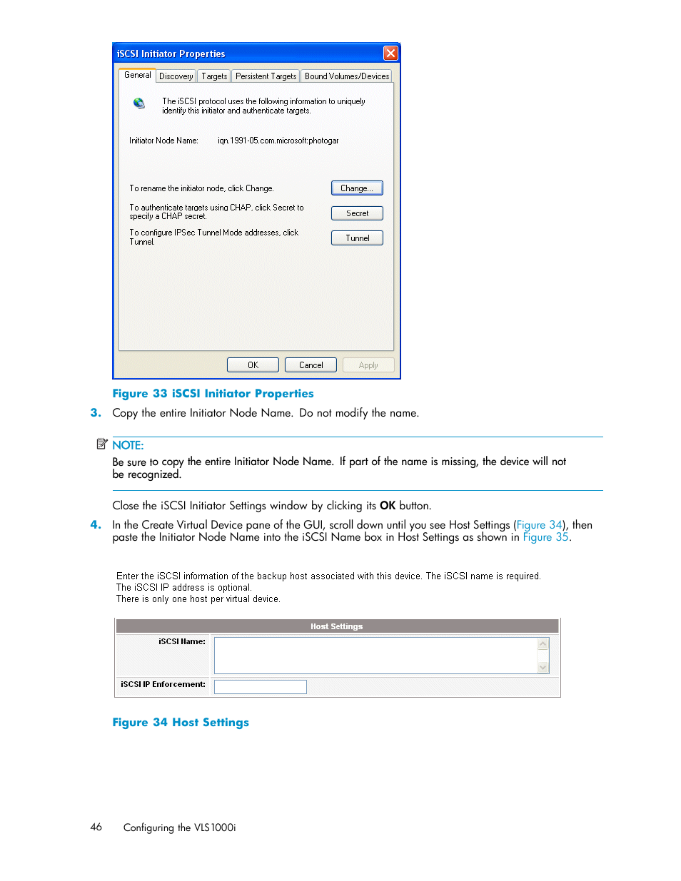 Iscsi initiator properties, Host settings | HP StorageWorks 1000i Virtual Library System User Manual | Page 46 / 122