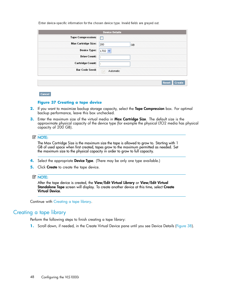 Creating a tape library, Creating a tape device, Creating | A tape library, Figure 37 | HP StorageWorks 1000i Virtual Library System User Manual | Page 48 / 122
