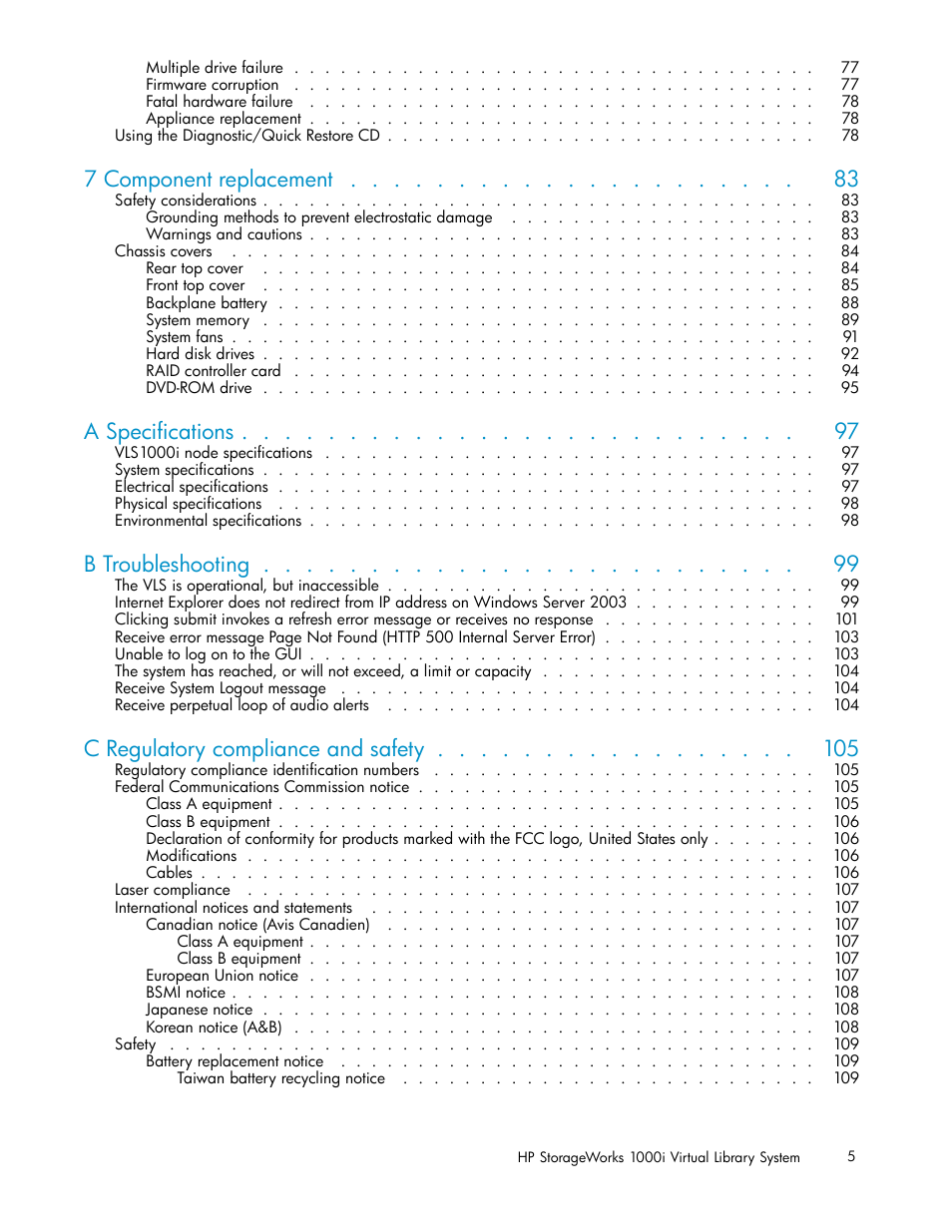 7 component replacement, A speciﬁcations, B troubleshooting | C regulatory compliance and safety | HP StorageWorks 1000i Virtual Library System User Manual | Page 5 / 122