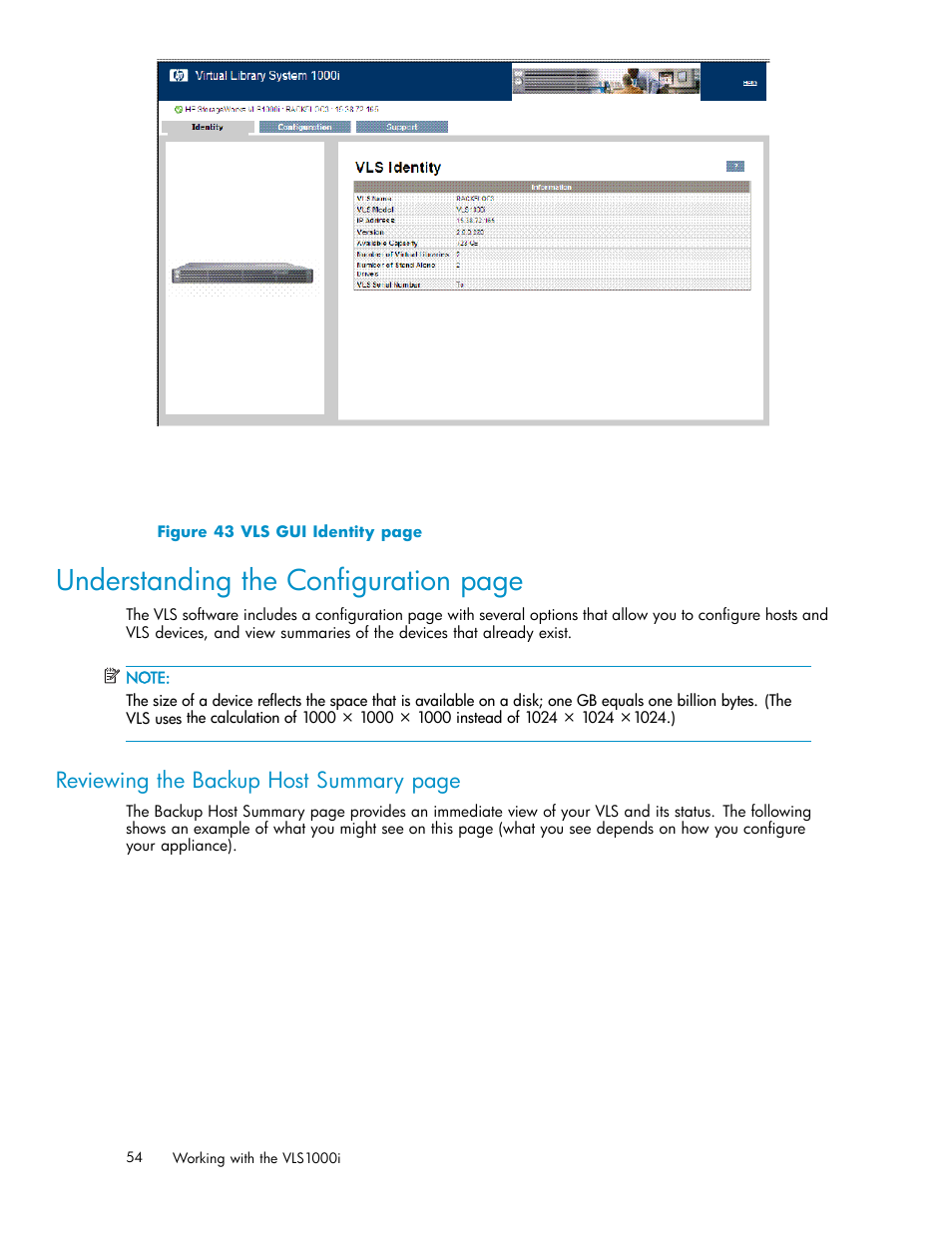 Understanding the conﬁguration page, Reviewing the backup host summary page | HP StorageWorks 1000i Virtual Library System User Manual | Page 54 / 122