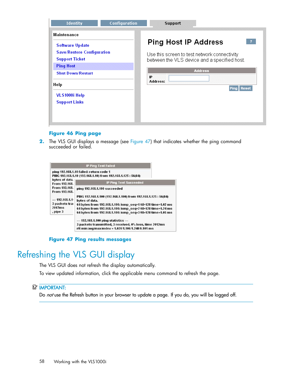 Refreshing the vls gui display, 47 ping results messages | HP StorageWorks 1000i Virtual Library System User Manual | Page 58 / 122