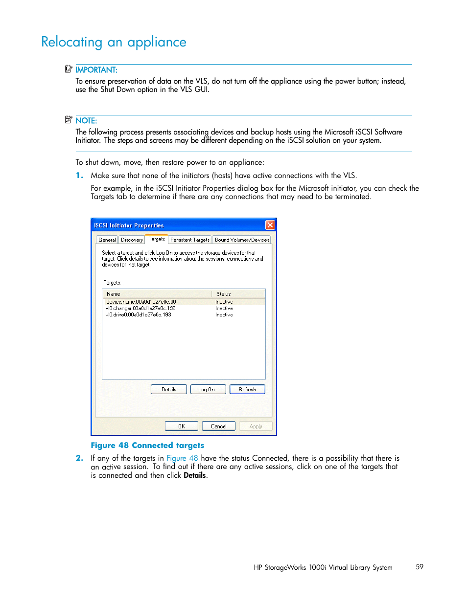 Relocating an appliance, 48 connected targets | HP StorageWorks 1000i Virtual Library System User Manual | Page 59 / 122