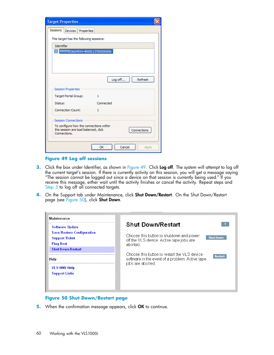 49 log off sessions | HP StorageWorks 1000i Virtual Library System User Manual | Page 60 / 122