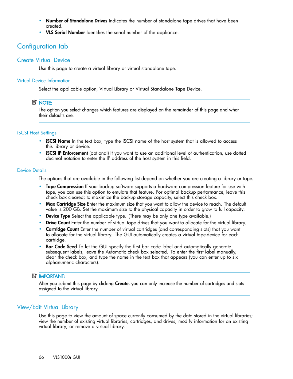 Conﬁguration tab, Create virtual device, View/edit virtual library | HP StorageWorks 1000i Virtual Library System User Manual | Page 66 / 122