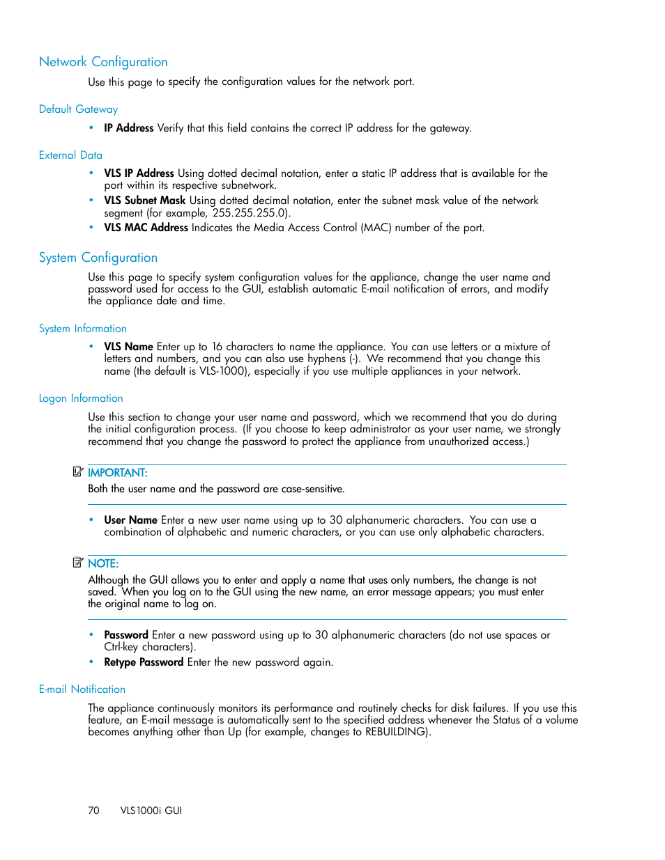 Network conﬁguration, System conﬁguration | HP StorageWorks 1000i Virtual Library System User Manual | Page 70 / 122